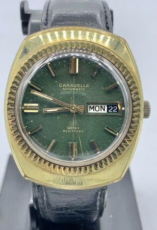 Vintage 1969 Green Crosshair Dial Caravelle Bulova 17j Swiss Automatic Watch 2
