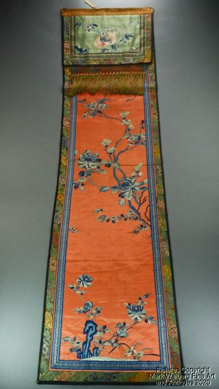Chinese Embroidered Silk Panel / Textile,  Flowers,  Bats,  Peaches,  Late Qing Dyn.