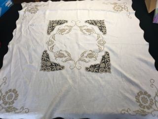 Vintage Ecru Linen With Cross Stitch Embroidery Flowers Tablecloth