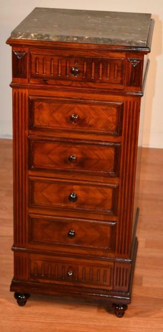 1880s Antique French Louis Xv Walnut & Marble Top Bedroom Chest Lingerie Stand
