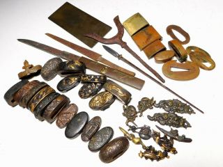Various Sword Fitings & Yanone Japan Edo Tsuba Menuki Kogatana Antique