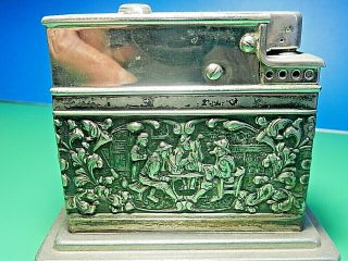 Vintage Mylflam Table Lighter With Embossed Relief Of Tavern Scene 3