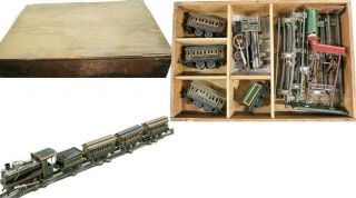 Antique Carette 0 - Gauge Stork Leg Steam Locomotive Set W/ Wooden Box & Accessory
