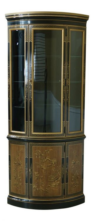 31901ec: Drexel Chinoiserie Paint Decorated Bowed Glass Corner Cabinet