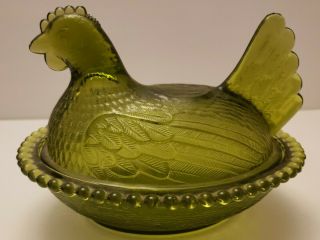 Indiana Carnival Glass Green Hen On Nest Vintage Candy Dish