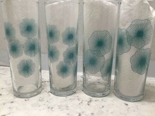 Tom Collins Vintage Glasses Sunburst Turquoise / Blue Highball Cocktail Set Of 4