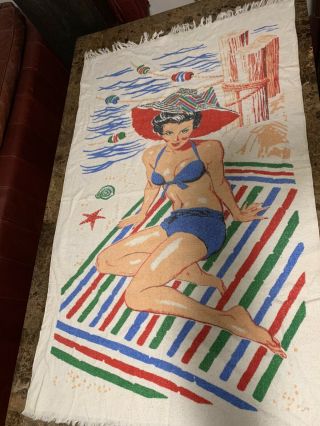 Vintage Terry Cloth Pin Up Girl Beach Towel Rare Find Large Collectible