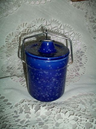 Vintage Cobalt Blue Speckled Butter Cheese Crock With Wire Bail