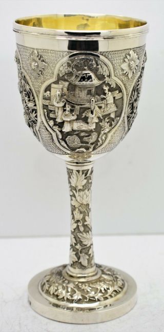 Good Chinese Export Solid Silver Cup/goblet.  4 Panels Figural Scenes.  Cumwo 1880
