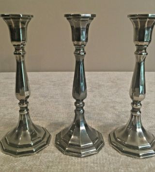 Vintage Set Of 3 Silver Metal Candle Sticks Holders - Old English Style - 9 "