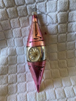 Vintage Glass Christmas Ornament Pink 6.  5” Double Indent Icicle W/ Mica