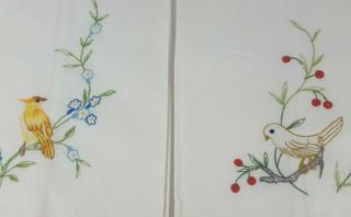 2 Vintage Handmade Embroidered Linen Tea Towel Birds Cherries Flower Yellow Red