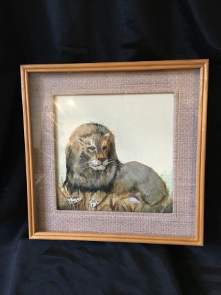 Vintage Feather Art Lion Picture Framed 10 1/4 " X 10 1/4 " Lion Feather Art