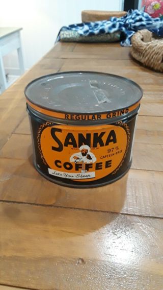 Vintage Sanka 1 Lb.  Coffee Tin Can Great Graphics Food Advertising.  Key