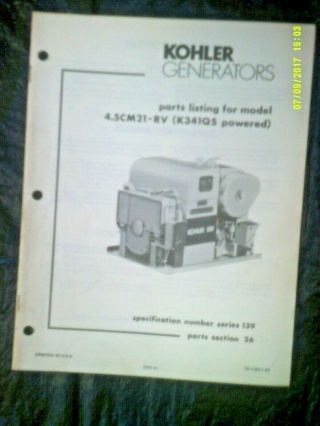 Vintage Kohler 4.  5cm21 - Rv Generator Spec.  Series 139 Parts Listing Tp - 1183