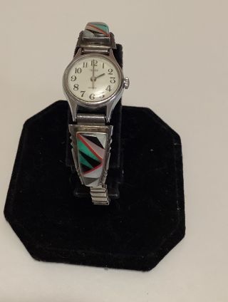 Vintage Ladies Timex Quartz Watch With Sterling Silver Turquoise Coral Onyx Inla
