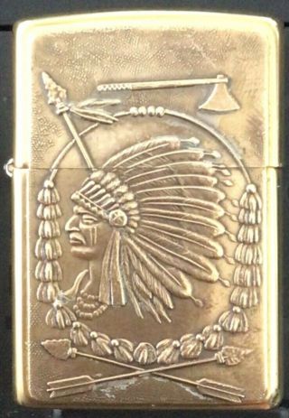 1999 Barrett Smythe Indian Chief Brass Zippo.  With Tin.  Struck