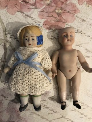 Two Miniature Bisque/porcelain Dolls Jointed Arms & Legs 4”