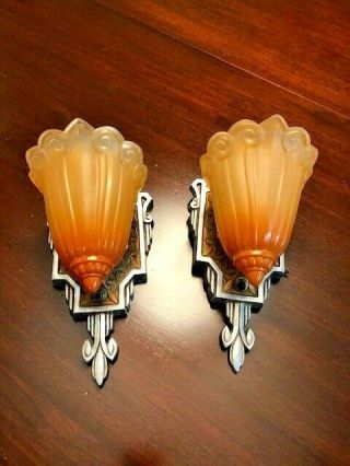 Pair Amber Antique Art Deco Wall Sconce Slip Shade Light Fixture Lincoln 10604