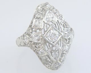 Antique Art Deco.  50ct Diamond 18k White Gold Heart Bow Flower Ring Size 5.  25