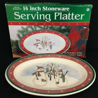 Vtg Oval Serving Platter 14 " By Royal Seasons Stoneware Snowmen Rn2 Christmas