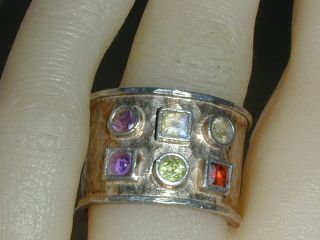 Vintage Sterling Wide Band Ring With All Real Gemstones - Size 6 1/2