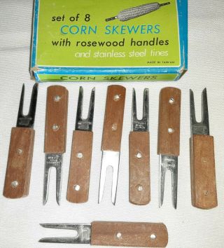 Vintage Set Of 8 Chadwick Rosewood Handled Corn Skewers,  Stainless Tines,  Box