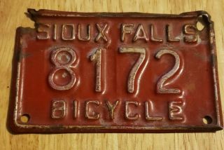 Vintage 1950’s Sioux Falls,  South Dakota Bicycle License Plate Schwinn Monark