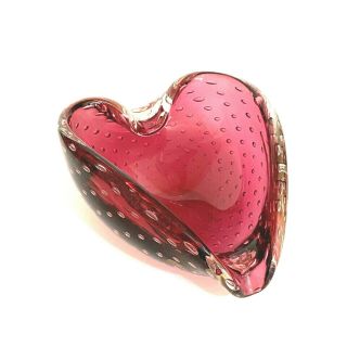 Vtg.  Heart Shaped Pink Art Glass Bowl Ashtray Bullicante Controlled Bubbles