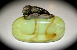 Vintage Slag Glass Ash Tray With Pewter Lion