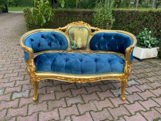 French Louis Xvi Style Blue Tufted Velvet Sofa/settee/couch/loveseat