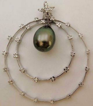 Vintage 18k White Gold Diamond 4 Tier Pendant 1.  75 " W 13mm Black Tahitian Pearl