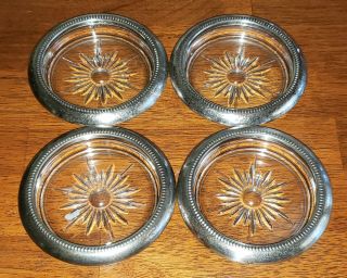 Vintage Leonard Set Of 4 Silverplate Glass Coasters - Made In Italy