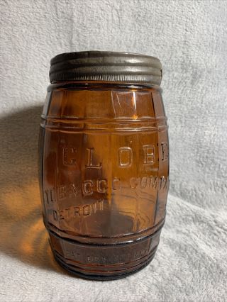 Antique Globe Tobacco Company Detroit Amber Jar With Top,  Oct 10,  1882