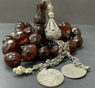 Antique Faceted Brown Damari Cherry Amber Bakelite Islamic Prayer 33 Beads R3