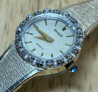 Vintage Nicolet Lady 10 Real Diamonds Gold Tone Analog Quartz Watch Hour Bat