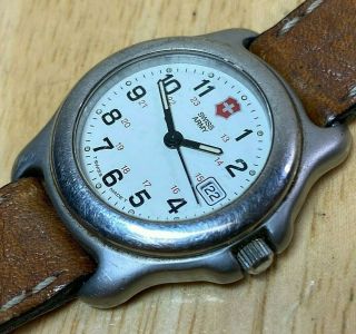 Vintage Swiss Army Lady 100m Silver Steel Analog Quartz Watch Hour Date Batt