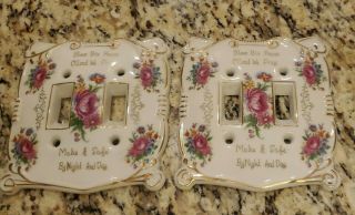 2 Vtg Hand Painted Porcelain Double Light Switch Covers Roses Bless This House.