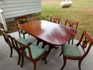 Vintage Drop Leaf Duncan Phyfe Style Table,  Mahogany,  6 Harp Back Chairs