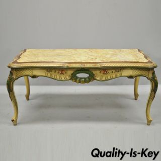 Vintage Italian Venetian Style Hand Painted Floral Green Marble Top Coffee Table