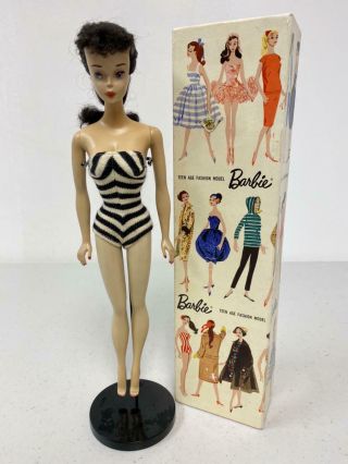 Vintage Brunette 3 Ponytail Barbie With Pedestal Stand