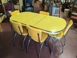 Vintage 1950 Chromecraft Yellow Cracked Ice Formica Kitchen Dinette Table Chairs