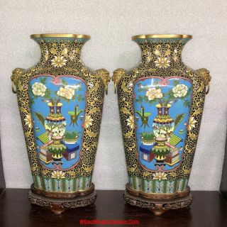 Great Pair Chinese Gilt Bronze Cloisonne Lion Masks Hu Vase With Wood Stands