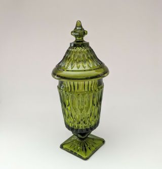 Vintage Indiana Glass Mt.  Vernon Candy Box Dish Olive Green Pedestal Jar W/ Lid