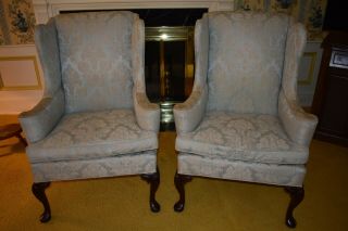 Pair Hickory Chair Mahogany Wing Chair Blue Damask Fabric