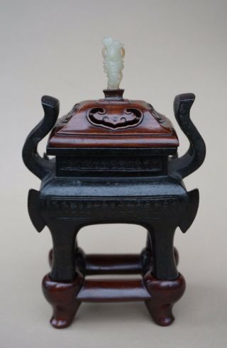A Fine Antique Chinese Archaistic Bronze Censer With Rosewood Stand.