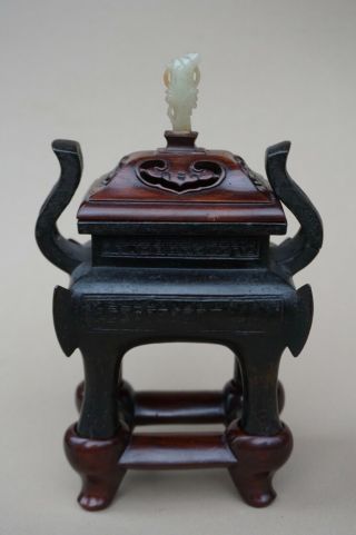 A Fine Antique Chinese Archaistic Bronze Censer With Rosewood Stand. 2