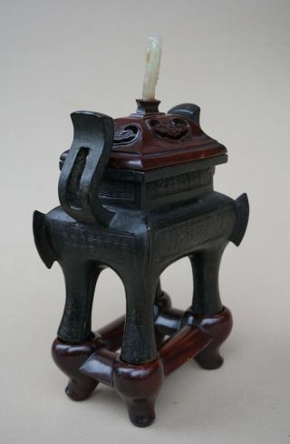 A Fine Antique Chinese Archaistic Bronze Censer With Rosewood Stand. 3