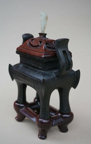 A Fine Antique Chinese Archaistic Bronze Censer With Rosewood Stand. 4