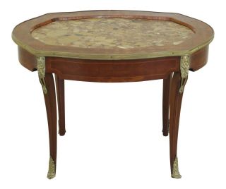 F50695ec: Vintage 1920s French Inlaid Marble Top Coffee Table